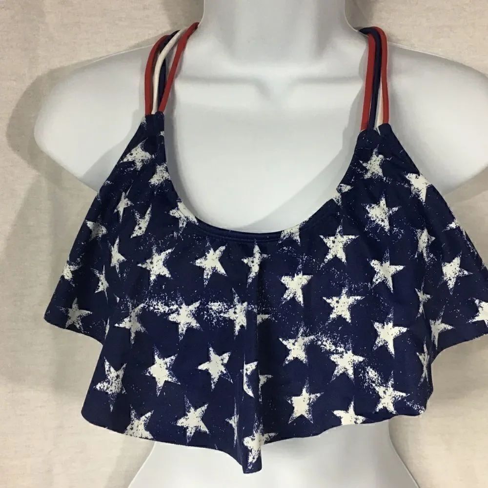 Red white blue bikini top ruffle front Small macrame back removable padding